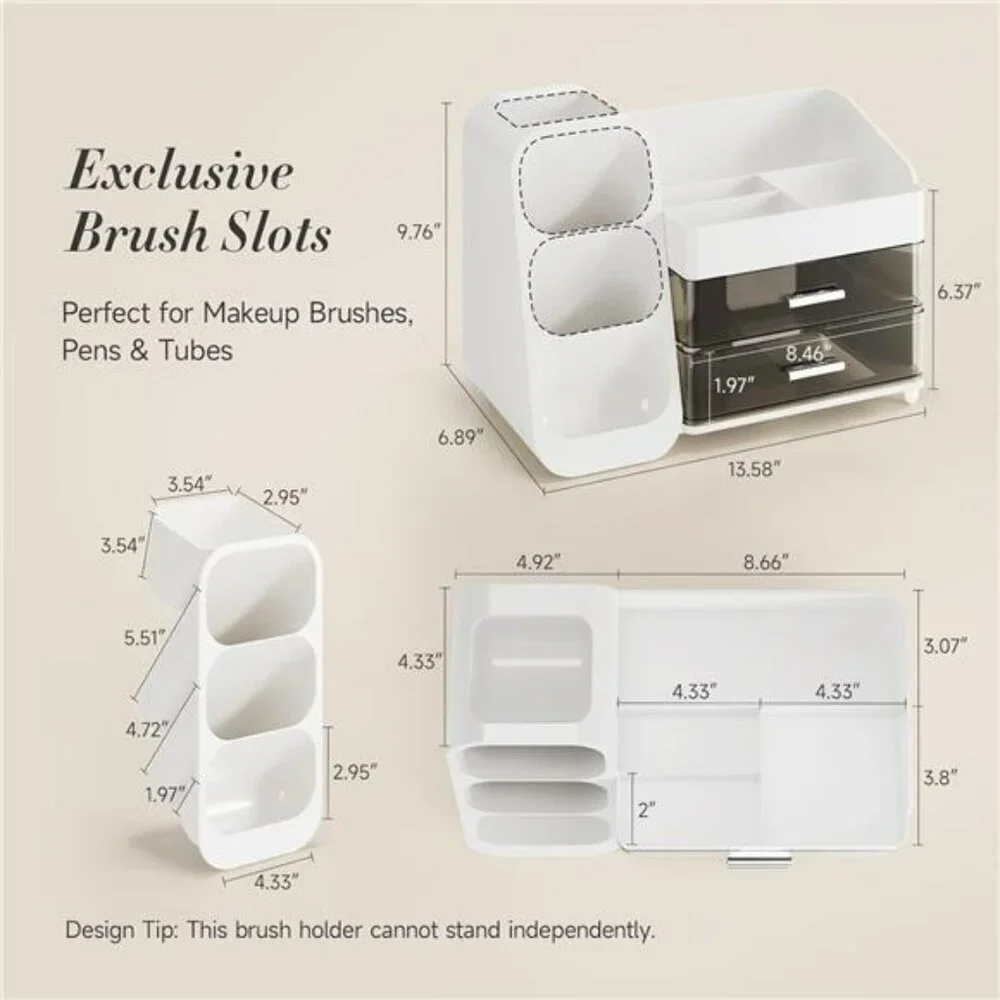 Makeup Organizer With Drawers Vanity Storage Case Skincare Brush Holder White